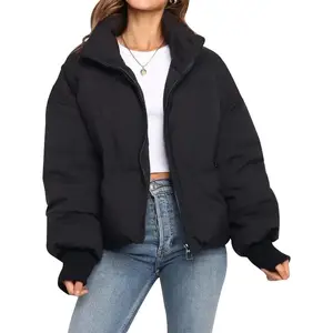Gihuo Women's Winter Cropped Puffer Jacket Coat Short Warm Quilted with Stand Collar & Zip Front for Fall & Winter Black Long Sleeve Classic Fit