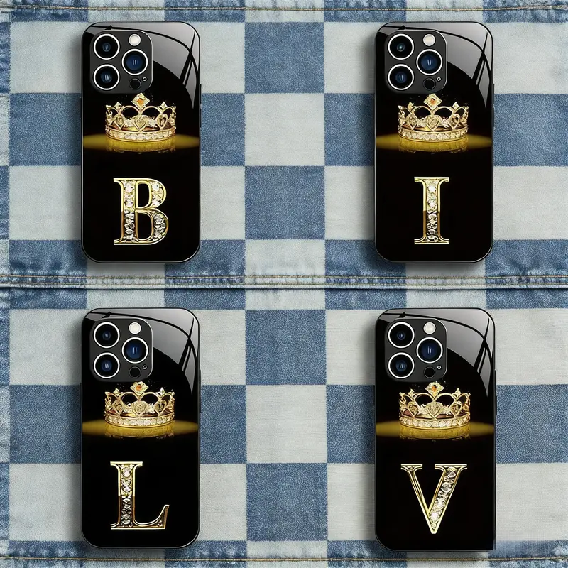 Suitable for [iPhone 11/12/13 Pro Max] New high-end crown letter glass mobile phone case new business simple explosion-proof mobile phone case affordable anti-fall anti-fingerprint 995