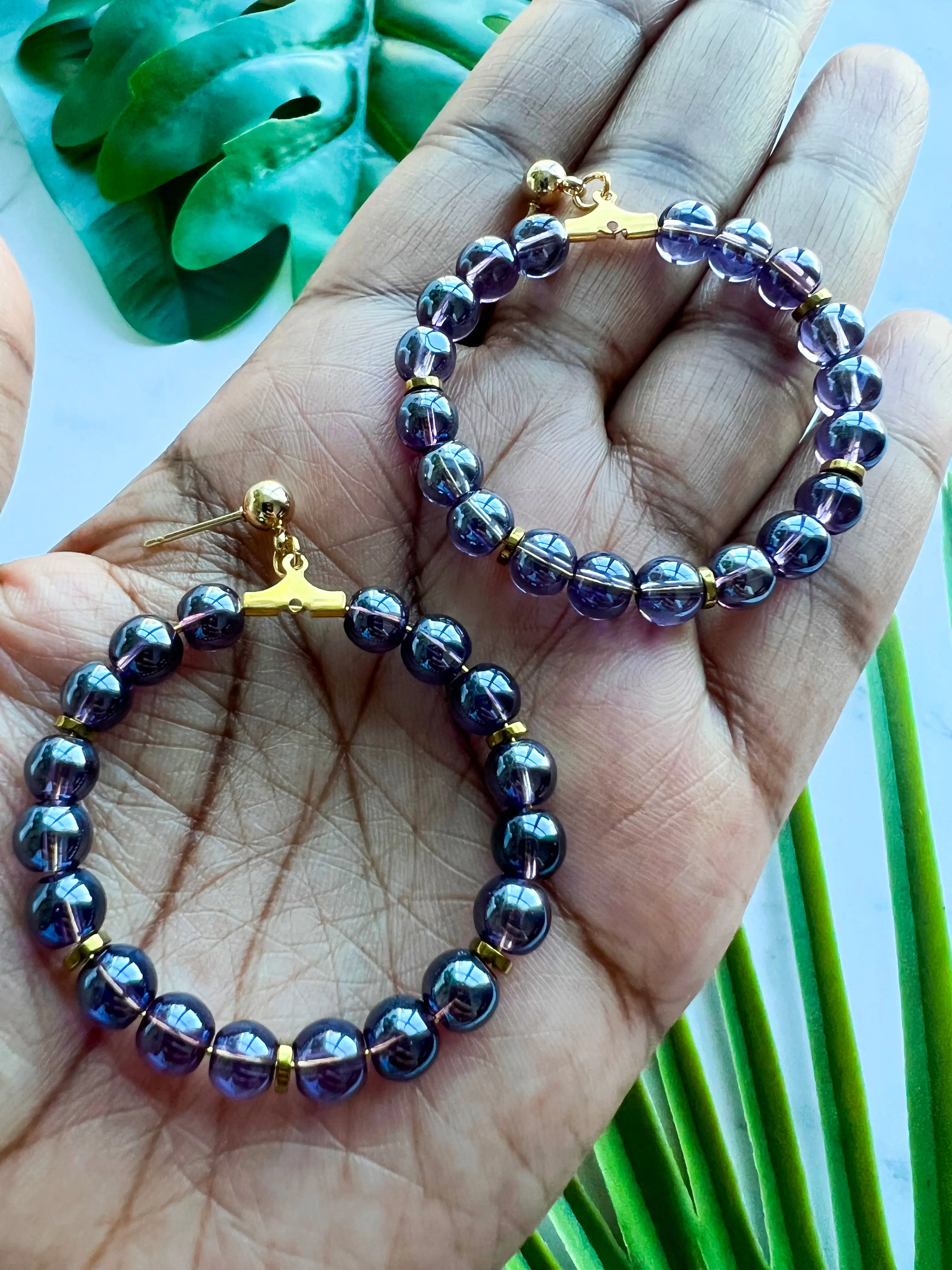 Deep Purple Round Beaded Hoop Earrings