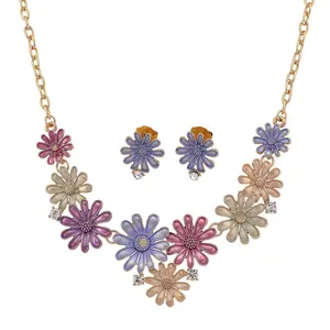 Crystal, Multi Color Enameled Floral Necklace 20.5-22.5 Inches and Earrings in Goldtone