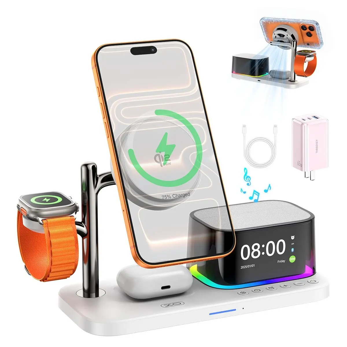QI2.2 Charging Station for Apple Device【 25W Fast Charging+Cooling Fan】 5in1 Magnetic Wireless Charger with Speaker and Alarm Compatible with iPhone/Watch/AirPod(Give away 65W Adapters)