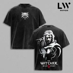 The Witcher Wolf Medallion T-Shirt | Vintage Mineral Wash Geralt Portrait Graphic Tee | Heavyweight Oversized Wild Hunt Apparel