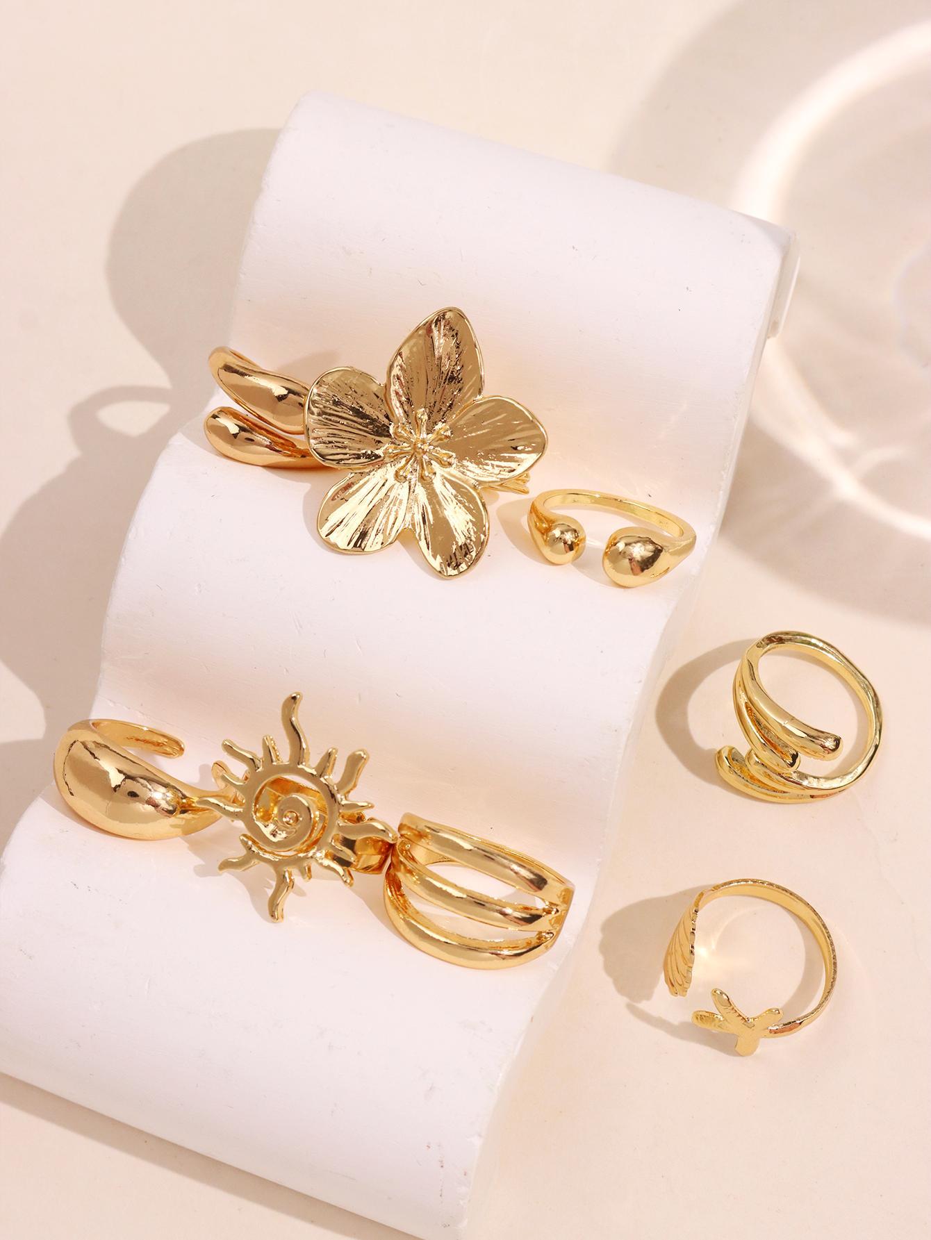 8-piece set: fashionable, bold, unique, high-end, elegant, refined, sparkling, chic, versatile, luxurious jewelry set featuring sunflower and seashell motifs with irregular geometric cutout designs—rings for women’s everyday wear, holiday parties, and sum