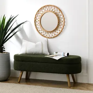 MUUOKY Oval Storage Ottoman Bench with Rubber Wood Legs - Elegant Green Accent Seat for Bedroom or Living Room - Durable & Versatile Fabric Footstool