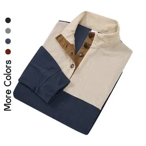 Men's Casual Button-Down Quarter-Snap Pullover - Ribbed Knit Colorblock Sweatshirt - Lightweight Winter Autumn Sweater Tops for Men - Stylish Business Casual Wear