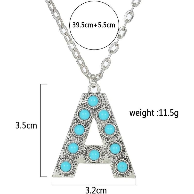 Bohemian Western Turquoise Initial Necklace 26 Letters Initial Necklacet for Women Gifts Retro Blue Bead A-Z Necklace Link Jewelry for Mom Daughter Birthday Jewelry Gift