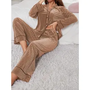 Women’s plush velvet cardigan and pants pajama set for nightwear, long-sleeve fabric, comfortable button-front fit