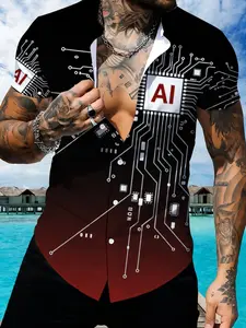 AI Tech Sense Circuit Print Men's Short Sleeve Shirt, Fashion Trendy Personality Design Style