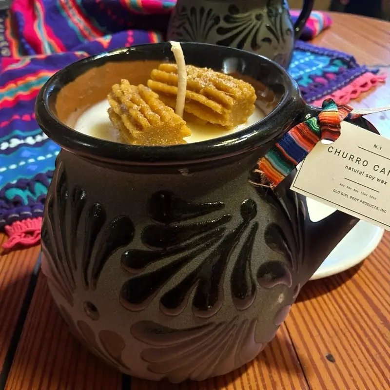 16oz Non-Toxic Scented Churro Plant-Based Soy Wax Candle - Hand-Painted Traditional Talavera Design Talavera Mug, Neutral Elegant Black Home Decor Evening Aroma Freshener for Cozy Spaces