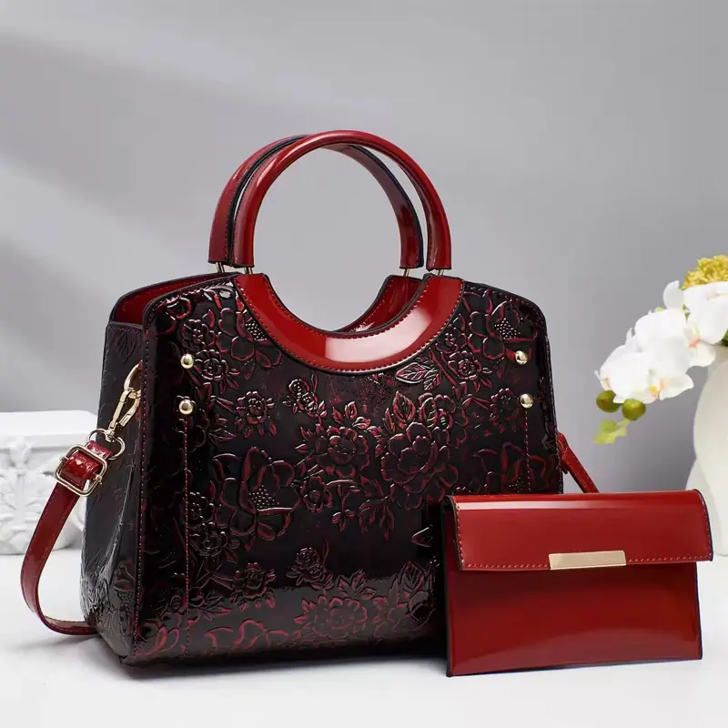 Elegant Red Black Bleu Purple Gold Green Handbag with Matching Wallet for Women