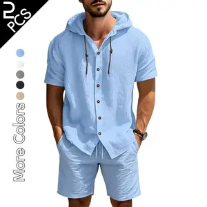 Men's Hooded Shirt Set, Summer Casual Short Sleeve Button Down Shirts with Drawstring Hood, Lightweight Breathable Beach Outfits for Men