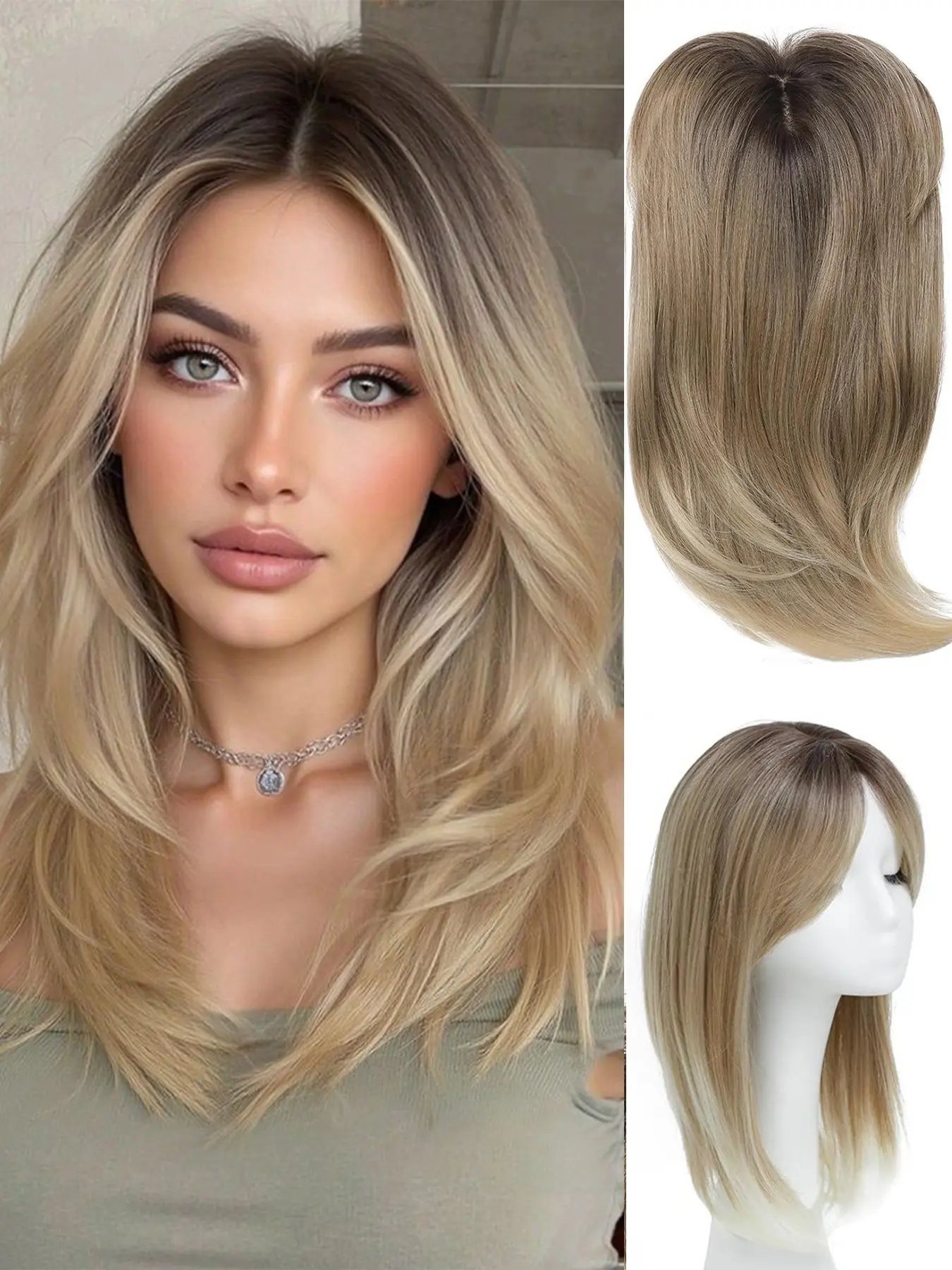 Hair Topper 18 Inch with Bangs for Women, Thinning Hair Solution, Large Base Clip In, Glueless Synthetic Wig, No Glue Wig, Lightweight Natural Synthetic Hairpiece, Realistic Hairpiece, Natural Look, Synthetic Fiber Wigs