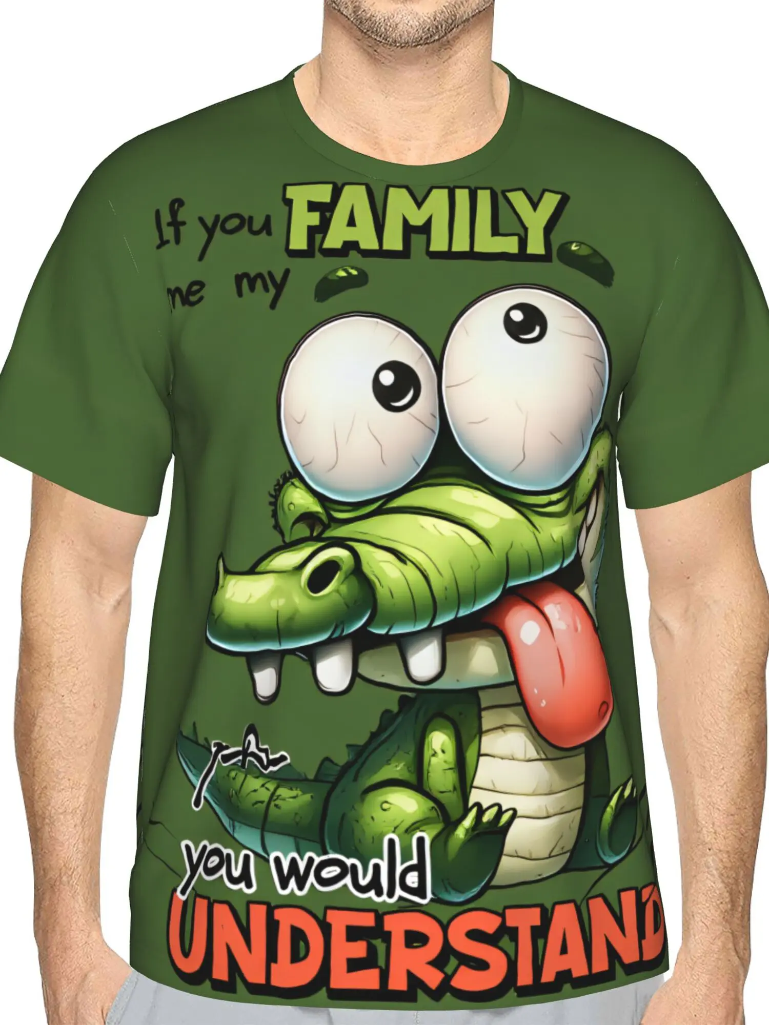 Men'S 3D Digital Printed Short Sleeve Summer T-Shirt, Funny Cartoon Alligator "FAMILY" Graphic Tee, Crew Neck, Lightweight Cool Breathable Polyester, Ideal for Daily Casual Wear And Gifting.S-3XL