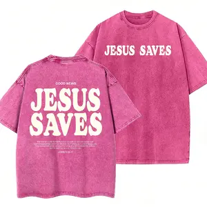 Unisex Jesus Saves Print Acid Washed T-shirt