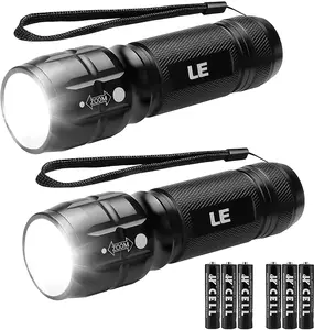 LE LED Torch, LE1000 Powerful Handheld Flashlight, Super Bright, Pocket Size, Lightweight, Suit for Camping, Cycling, Running, Dog Walking and More Outdoor Use, 6 AAA Batteries Included, Pack of 2 [Energy Class A++]