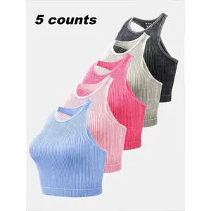 Women's Seamless Design Ribbed Texture Sports Crop Top, Slim Fit U Neck Backless Racerback Yoga Tank, Casual Spring & Fall Workout Wear, Fitness Activewear Versatile Wear