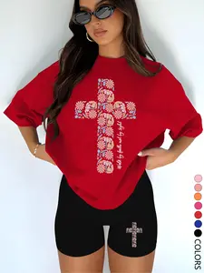 Two-Piece Set Women's Cross Floral Print Short Sleeve Tee & Skinny Shorts, Casual Fashion Round Neck T-shirt & Shorts for Daily Outdoor Wear, Ladies Summer Clothes, Womenswear, Suits