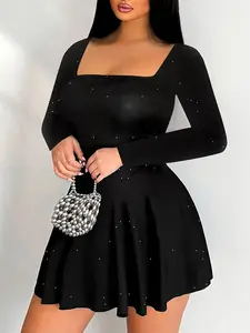 Elegant Sparkling Rhinestone Square Neck Dress, Evening Gown, Shiny Sequins Design, Slimming Fit, High Waist, High Neck, Formal Occasions