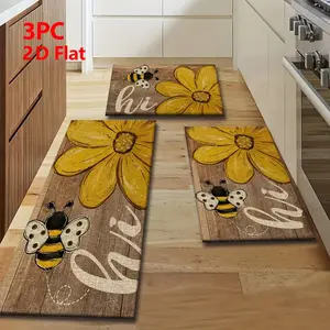 2/3 Piece Flannel Kitchen Mat Set, Vintage Linen Bee & Sunflower Design, Non-Slip, Absorbent, Home Decor, Farmhouse Kitchen Rugs