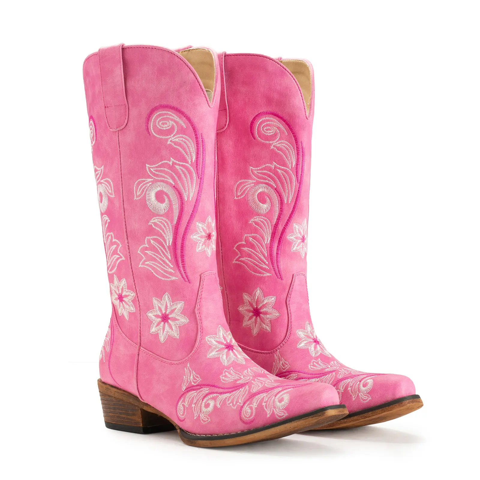 Women Cowboy Boots Mid Calf Western Boots Cowgirl Pull-On Tabs Pointy Toe Boot