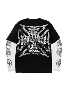 Y2K Grunge Aesthetic Faux Two-Piece Long Sleeve Tee - Cyber Goth Skull & Tribal Graphic Print Oversized Unisex Streetwear Shirt for Men & Women, Urban Skater Alt Clothing, Menswear, Alternative