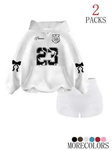 Women's Oversized Long-Sleeve Hooded Loungewear, Soft Fleece Top & High-Waisted Shorts, Featuring Number 23, Bow & Princess Graphic, Casual Sporty Matching Set for Lounging & Streetwear, Available in Red/Black/White