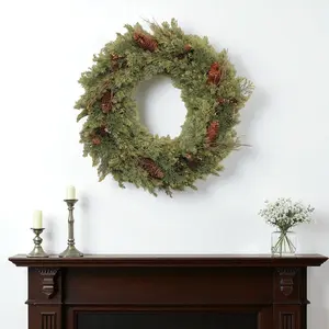 360 Stand 22 in. Round Plastic Traditional Green-Brown Pine Look Artificial Christmas Wreath, Dining Table Centerpiece, Desktop & Doorframe Ornament, Festive Home Indoor Decor with Ornaments Pack, Gift, Circle