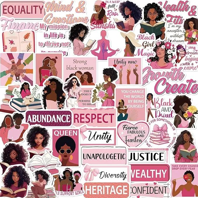 Falueqg Black Girl Inspirational Quotes Stickers - 50-Piece Scrapbooking Set, Vision Board Supplies for Planners to Stay Motivated