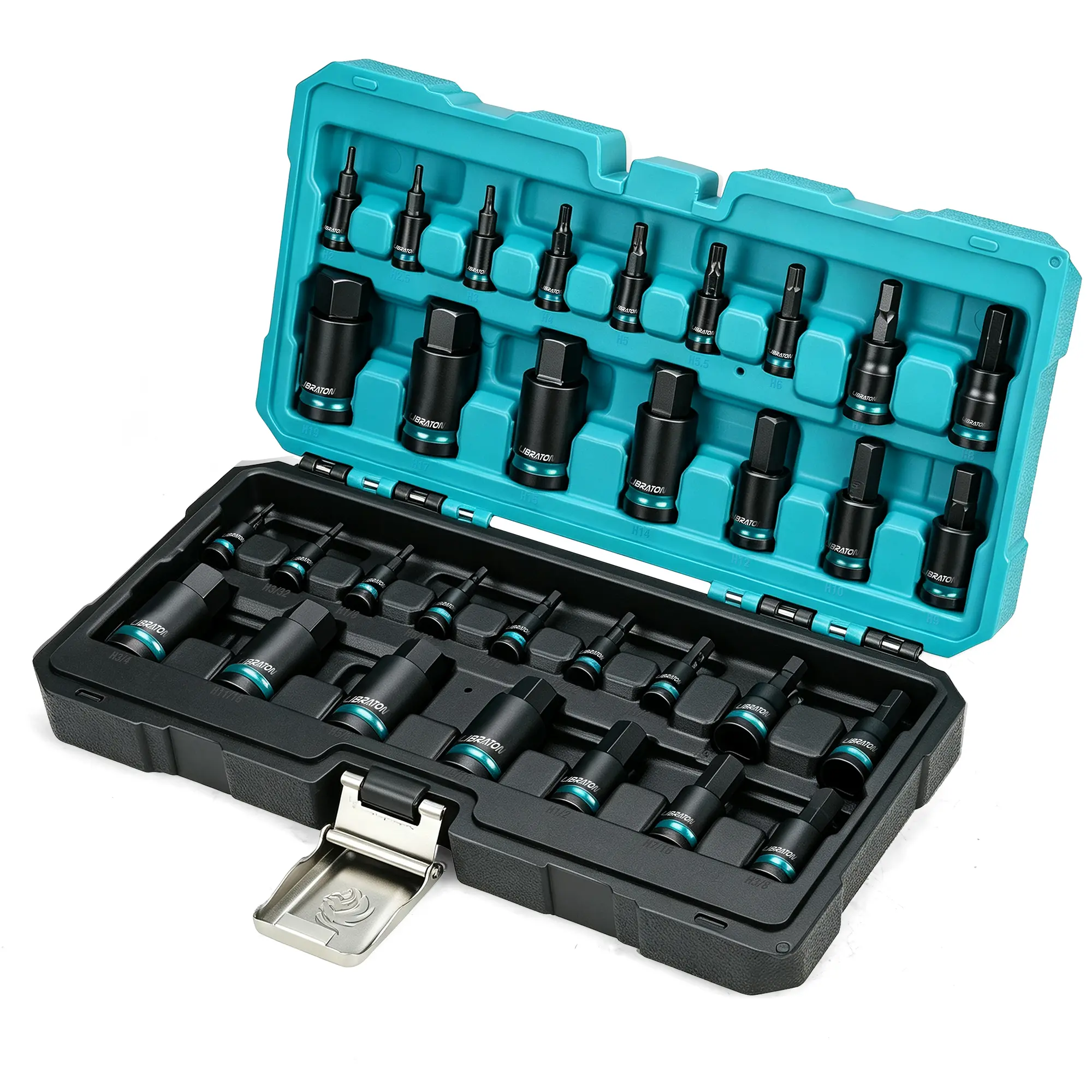 LIBRATON 32PCS Impact Hex Bit Socket Set, Metric & SAE Allen Wrench Socket Set, 1/4", 3/8" & 1/2" Drive, H2-H19 & 5/64"-3/4", S2 Steel Impact Allen Socket Set with Storage Case, Mechanic Tool Set