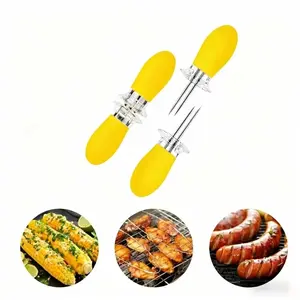 4Pcs/2 Pairs Yellow Corn Cob Holders Stainless Steel Fork Skewers for Corn On The Cob BBQ Tools