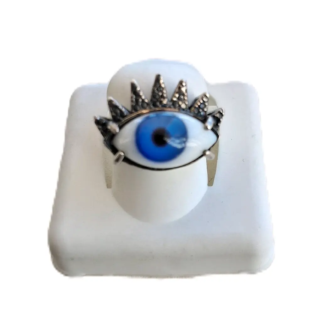 Anillo de Ojo Turko en Plata Mexicana 925 Autentico diseño en Ojo de Cristal Azul y Blanco,  Joyeria de Plata Artesanal hecho a Mano perfecto anillo regalo Dama Size 5.5