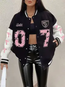 Women's Fashion Letter Print Casual Knitted Baseball Jacket Coats, Womenswear, Patchwork Design with Button Details, Long Sleeve, Perfect for Fall & Spring