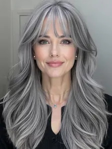 22 Inch Fashionable New Long Wavy Light Grey Wigs with Bangs and Highlights, Synthetic Women's Wigs for Ordinary Work, Life, Dance Parties and All Occasions