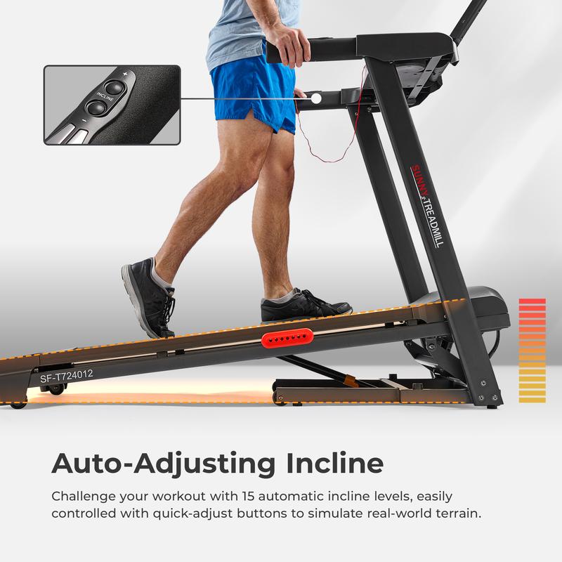 Sunny Health & Fitness Active Series Foldable Automatic/Manual Incline Treadmill w/ 16"W x 50"L Running Deck, Up to 9 MPH, Up to 300 LBS Capacity, Smart Wi-Fi Bluetooth Home Gym Workout Equipment Indoor Soft Shock Absorbent Advanced LED Display Foldable