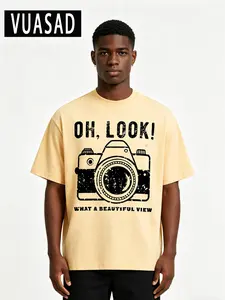 Men's Vintage Camera Pattern Cotton T-Shirt, American Retro Street Style, Casual Loose-Fitting Short Sleeve Top, Long Length