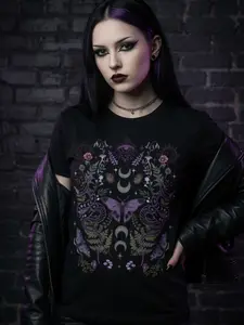 Shaniah Spring/Summer Graphic Flower Black Gothic Dark Mysterious Mori Style Butterfly, Moth, Sun, Moon, Star, Floral Plant T-Shirt For Women, Summer Goth Clothes