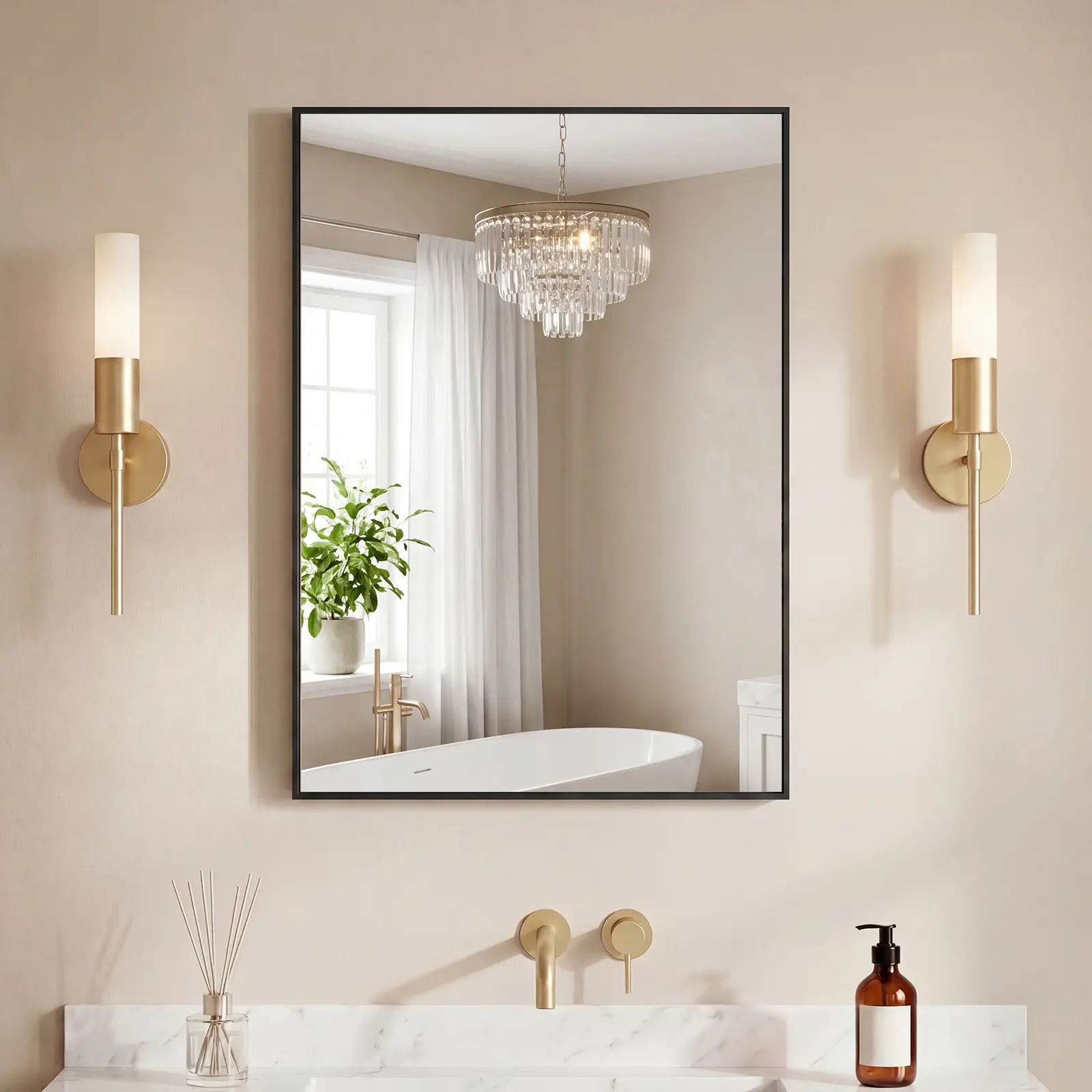 Recessed Groove Aluminum Framed Bathroom Mirror, Shatter-Proof Tempered Glass Wall Mount Vanity Mirror, Horizontal & Vertical Mount Anti-Corrosion Rectangular Mirror for Bathroom Entryway