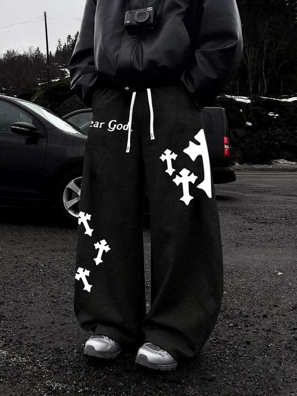 Men's Knitted Elastic Waist Pants, Stretchy Fabric, Casual Street Style, Vintage Look, Letter Cross Print, Straight Leg Design