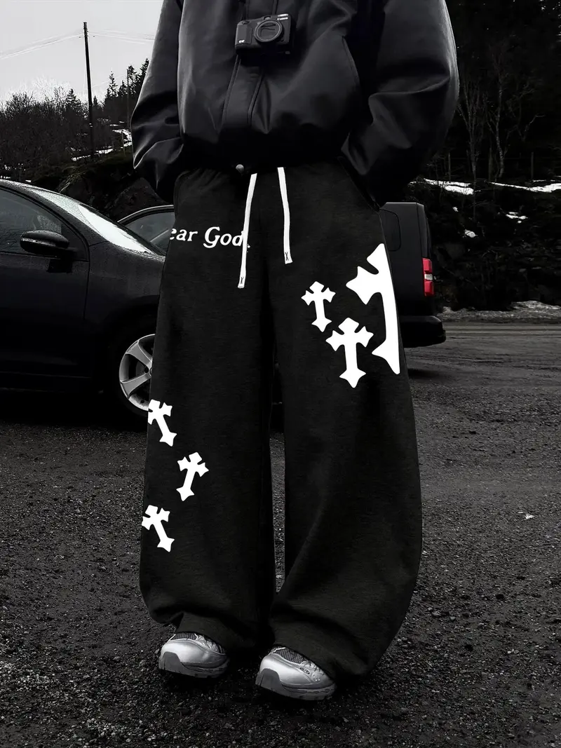 Men's Knitted Elastic Waist Pants, Stretchy Fabric, Casual Street Style, Vintage Look, Letter Cross Print, Straight Leg Design