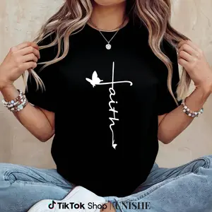 Simple Round Neck Women’s Tee in Pure Cotton, Featuring Christian Cross & Butterfly Art