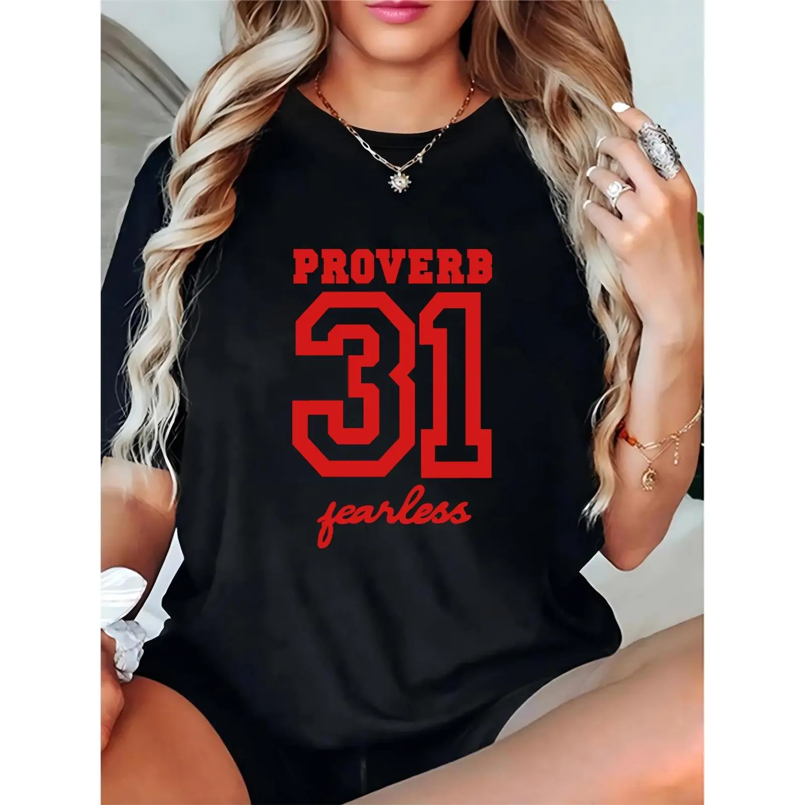 Women's Proverb 31 Fearless Graphic T - Shirt, Casual Christian Faith Tee, Black with Red Bold Print, Ideal for Daily Wear & Church Outings