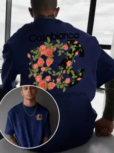Summer New Casablanca Rose Print Loose Breathable Short Sleeve T-Shirt, Unisex Casual Graphic Tee, Retro Style Long Fit