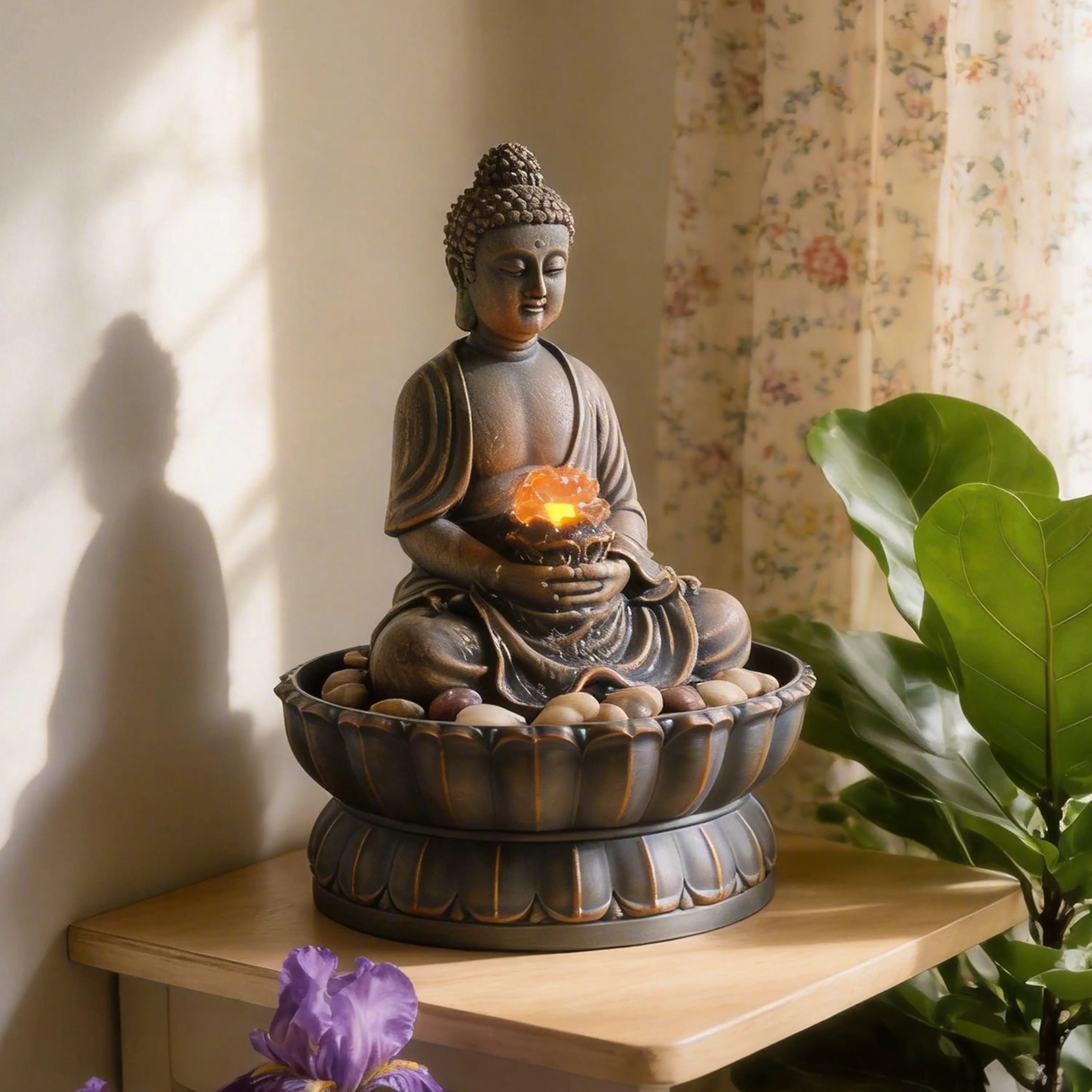 9.6in exquisite sitting smile Buddha tabletop fountain with reflective warm light & matching cobblestones. Zen flowing water relieves stress, stylish resin decor for bedroom, office & housewarming gift.