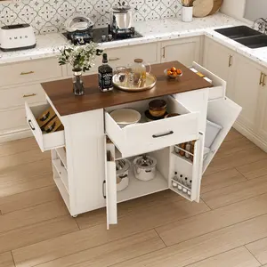 46" Kitchen Island on Wheels with Power Outlet & Wood Top - Movable Storage Cart with Adjustable Shelf, Drawer & Counter-Height for Kitchen, Dining, Living Room (Farmhouse Style)