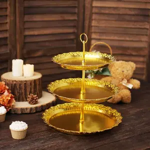 3-Tier Plastic Round Cupcake Stand 15" Metallic Gold with Lace Scalloped Edges Multifunctional Space Ssaving Dessert Display Tower Pastry Serving Tray