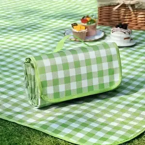 Green Picnic Blanket Gingham Foldable Camping Blankets Waterproof Sandproof Outdoor Beach Mat Lightweight Handbag Spring Summer (40x60 inch)