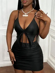 Sexy Halter Neck Leather Half Skirt Set, Deep V Backless Top + Pleated High Waist Mini Skirt, Chic Party Date