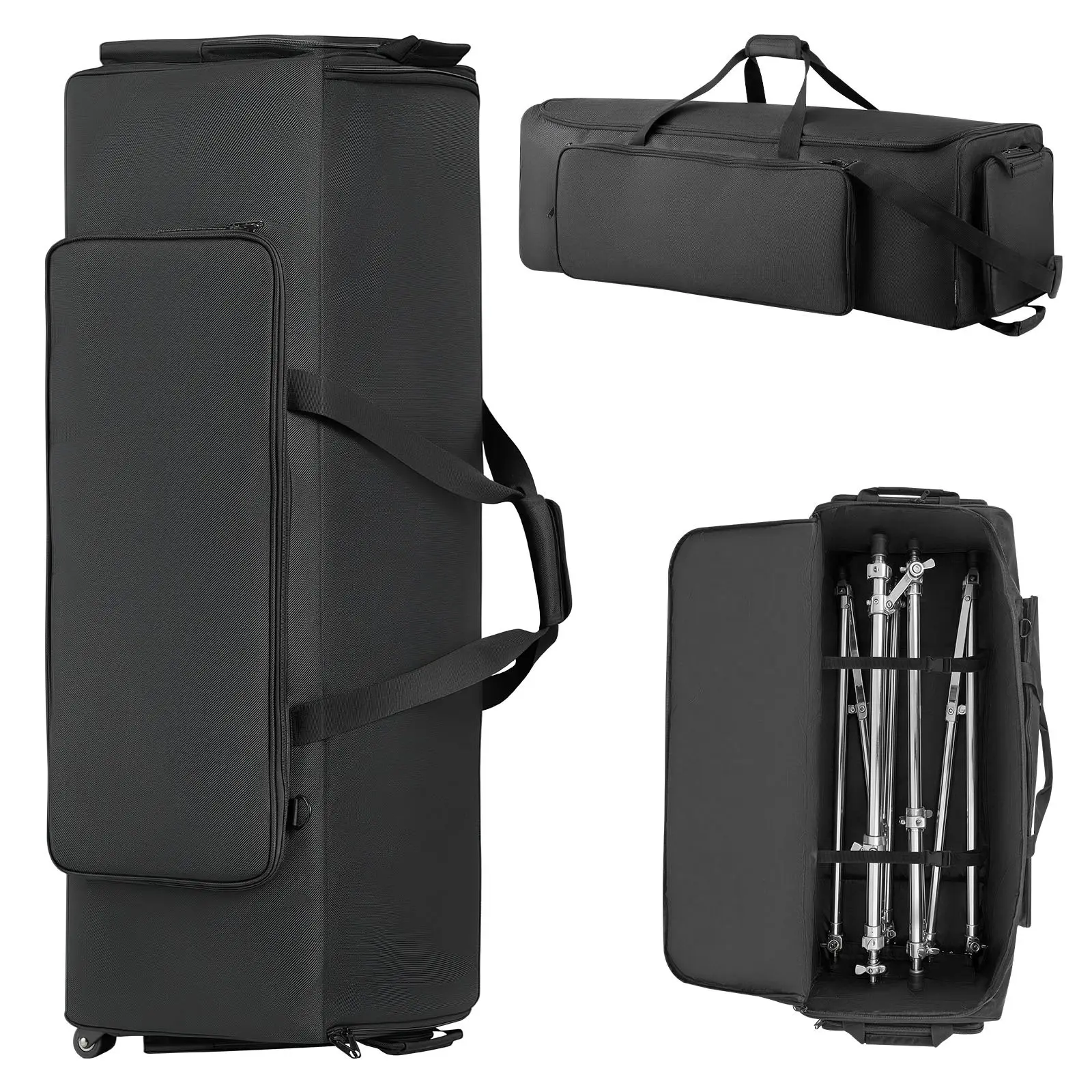 VEVOR Black Drum Hardware Bag with Wheels, 1680D Fabric, 35.4x13.8x12.6in, Reinforced Stitching, Sturdy Handle, Durable Zipper, Smooth PVC Wheels, Multiple Pockets, Scratch-Resistant, Shock-Absorbing, for Drummers & Hardware and Stand Accessory