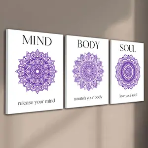 3pcs/Set Wooden Framed, Mandala Aura Canvas Wall Art , Mandala Soul Body Mind Quote Print Painting,Motivational Wall Art Print, Meditation Gifts for Yoga, Living Room, Home Decor