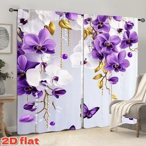 2D Flat 2Pcs Purple White Orchid Flower Curtain Panel, Golden Beads String Printed, Rod Pocket Style, Semi Sunshade Polyester Fiber, Suitable for Home Living Room Bedroom Balcony Kitchen Study and Shower Window Decoration, Valentine's Day Gift